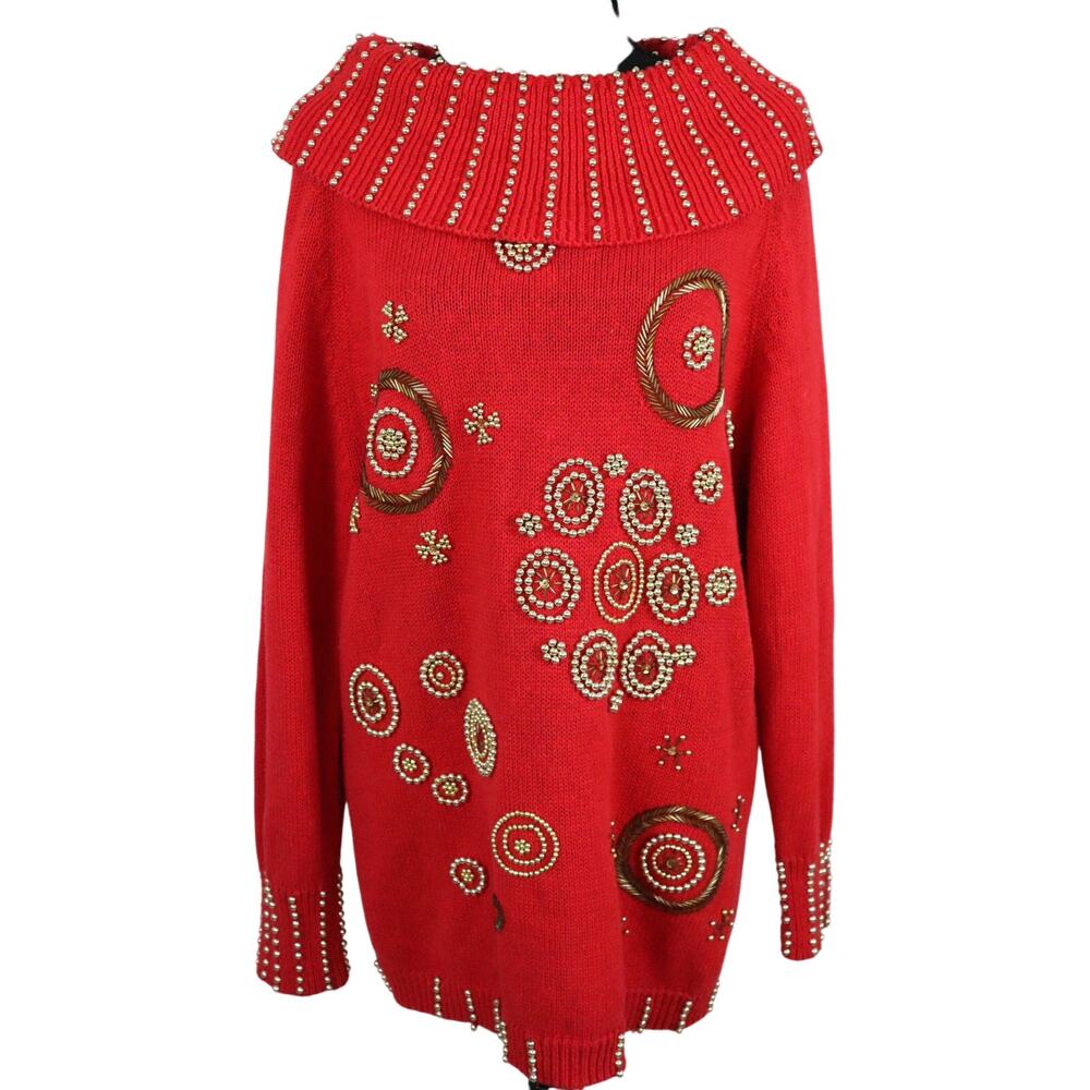 Vintage 90s Beaded Embellished Sweater Cowl Neck Tunic Holiday Knitted Small